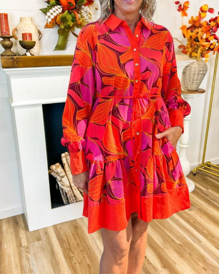 Fashion Plant Print Shirt Mini Dress