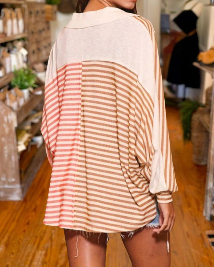 Casual Loose Fit Color Block Striped Top