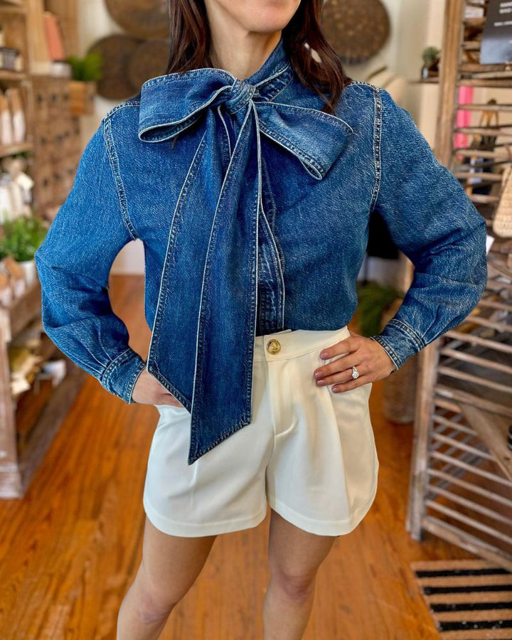 Chic Bow Collar Denim Shirt