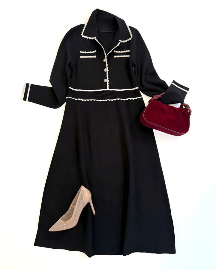 Elegant Navy Knit Long Sleeve Midi Dress