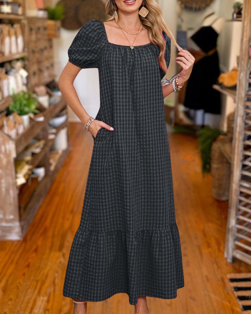 Gingham Square Neck Puff Sleeve Maxi Dress