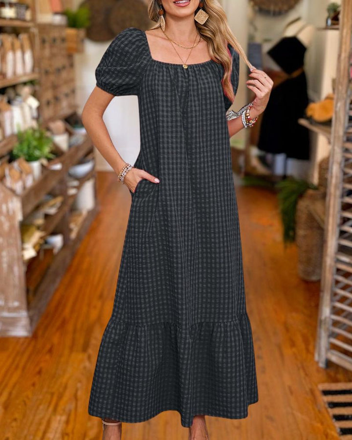 Gingham Square Neck Puff Sleeve Maxi Dress