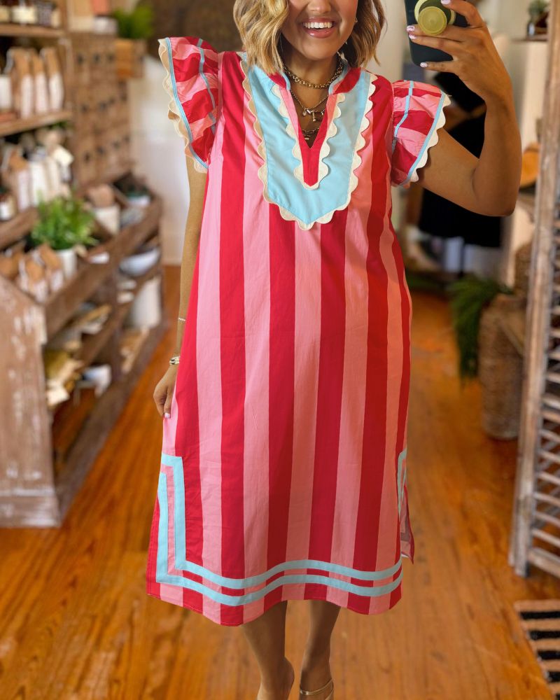 Chic Pink & Red Striped Midi Dress