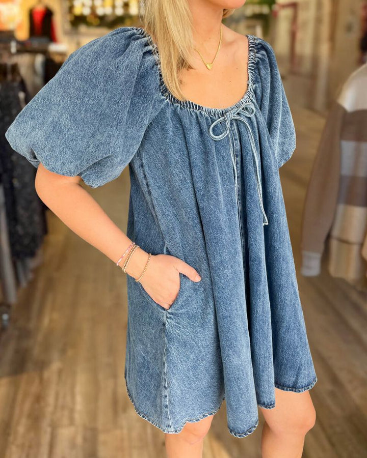 Washed Puff Sleeve Denim Dress
