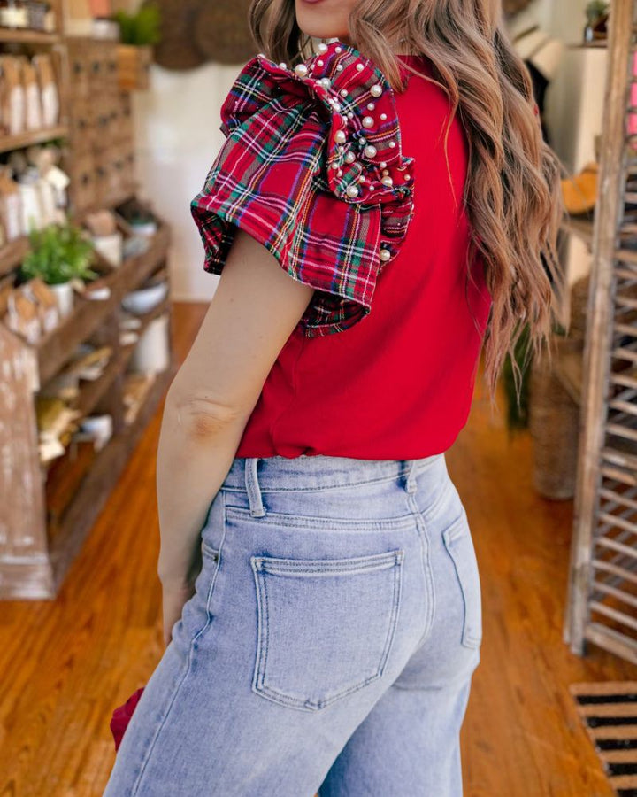 Christmas Plaid Ruffle Sleeve Top
