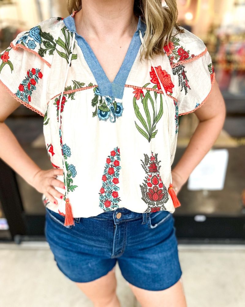 Floral Print Double Sleeve Casual Top