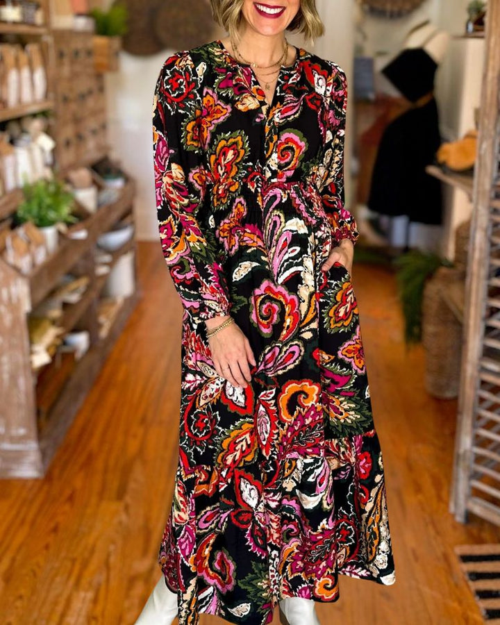 Vintage Floral Print Waist Maxi Dress