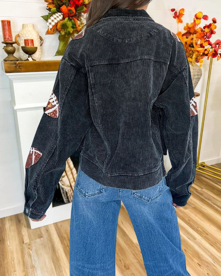 Sequin Embroidered Corduroy Varsity Jacket