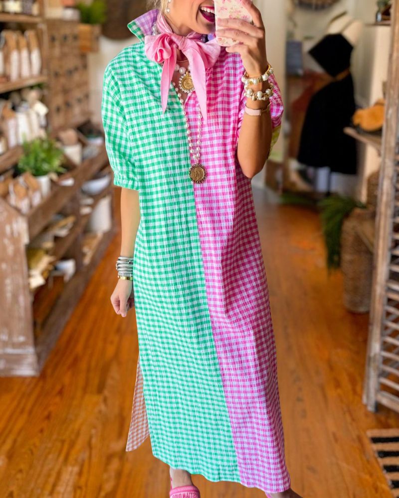 Colorblock Gingham Midi Dress