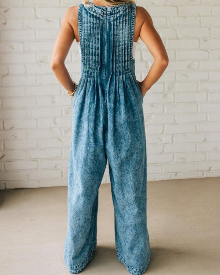 Pleated Sleeveless Denim Jumpsuit