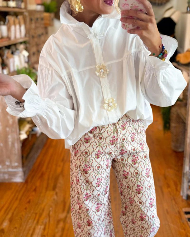 White Shirt with Flower Buttons