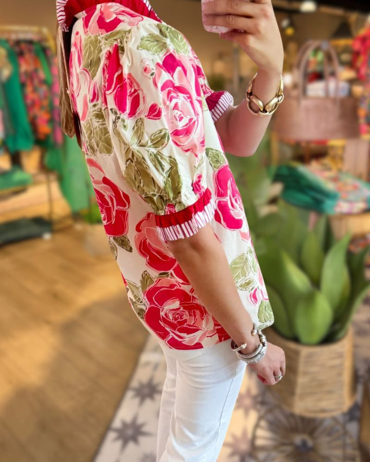 Colorblock Floral Stand Collar Blouse