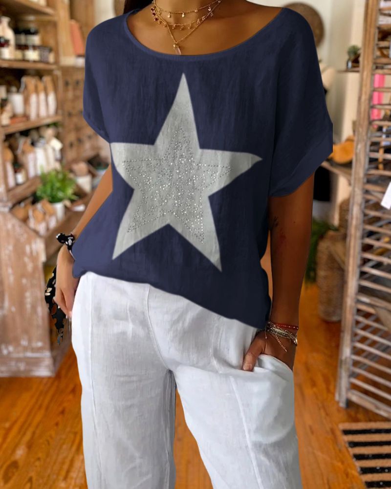 Rhinestone Detail Cotton & Linen Loose T-Shirt