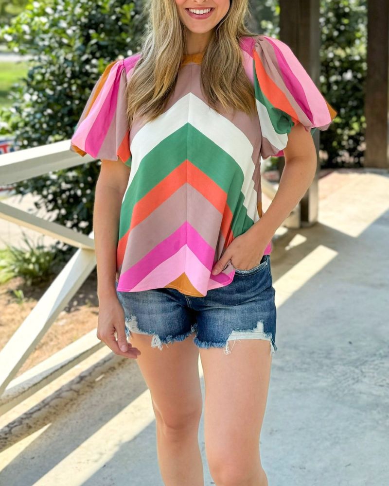 Everyday Color Stripe Puff Sleeve Top