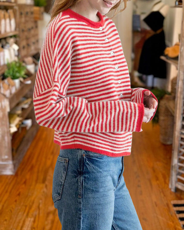 Casual Crew Neck Striped Knit Cardigan