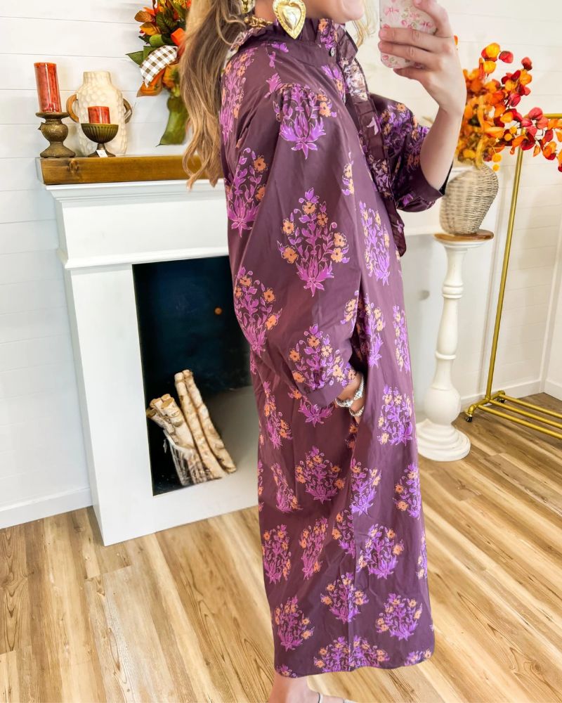 Vintage Floral Print Long Sleeve Maxi Dress