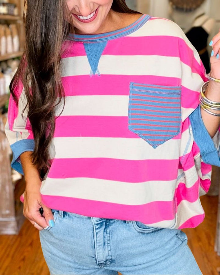 Casual Loose Color Block Striped Pocket T-Shirt