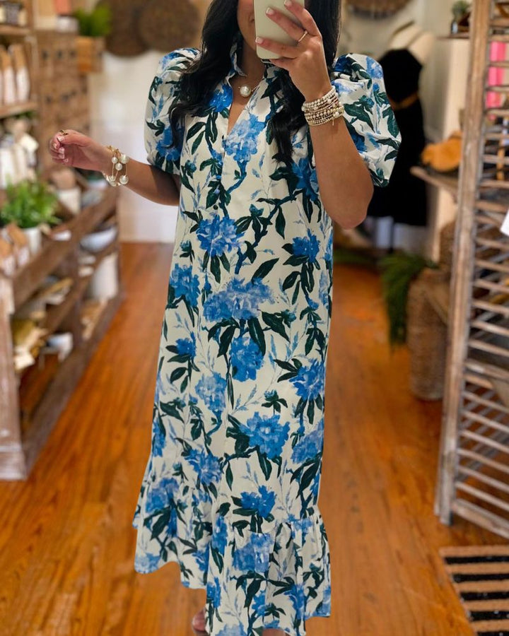 Elegant Blue Floral Midi Dress