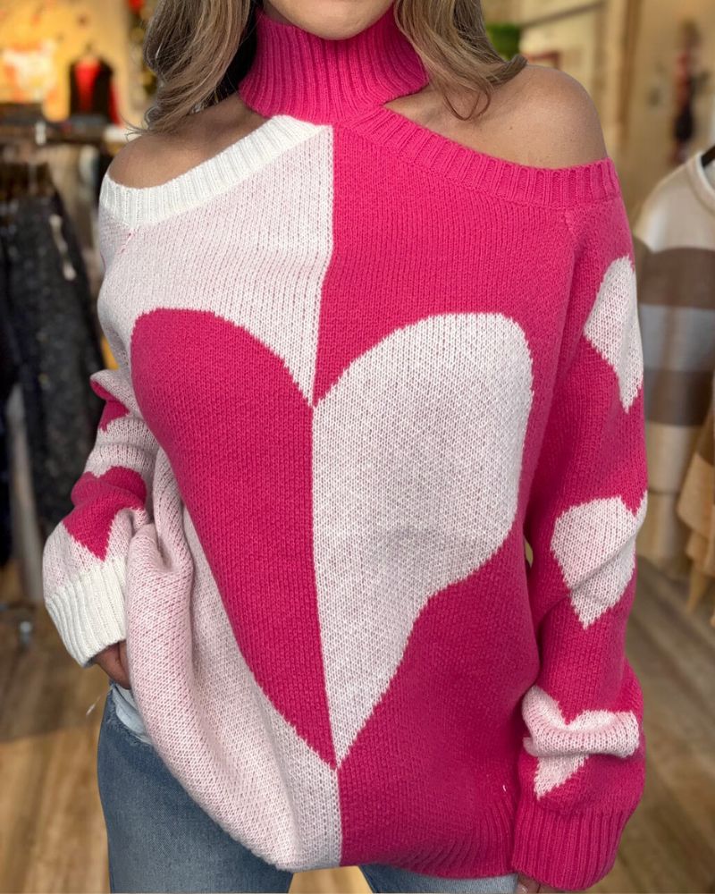 Heart Off-Shoulder Turtleneck Sweater