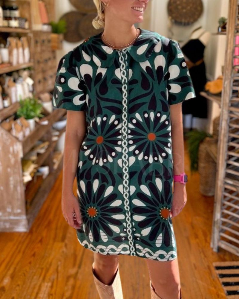 Geometric Print Round Neck Short Sleeve Dress
