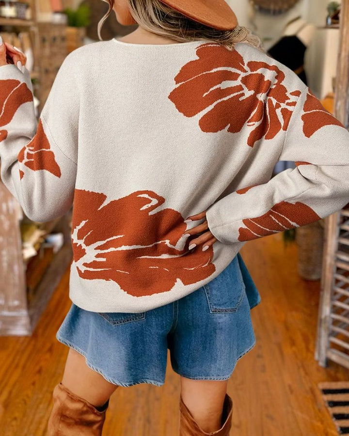 Trendy Floral Print Long Sleeve Knit Sweater