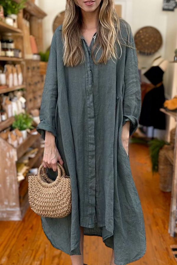 Cotton Linen Long Shirt Dress
