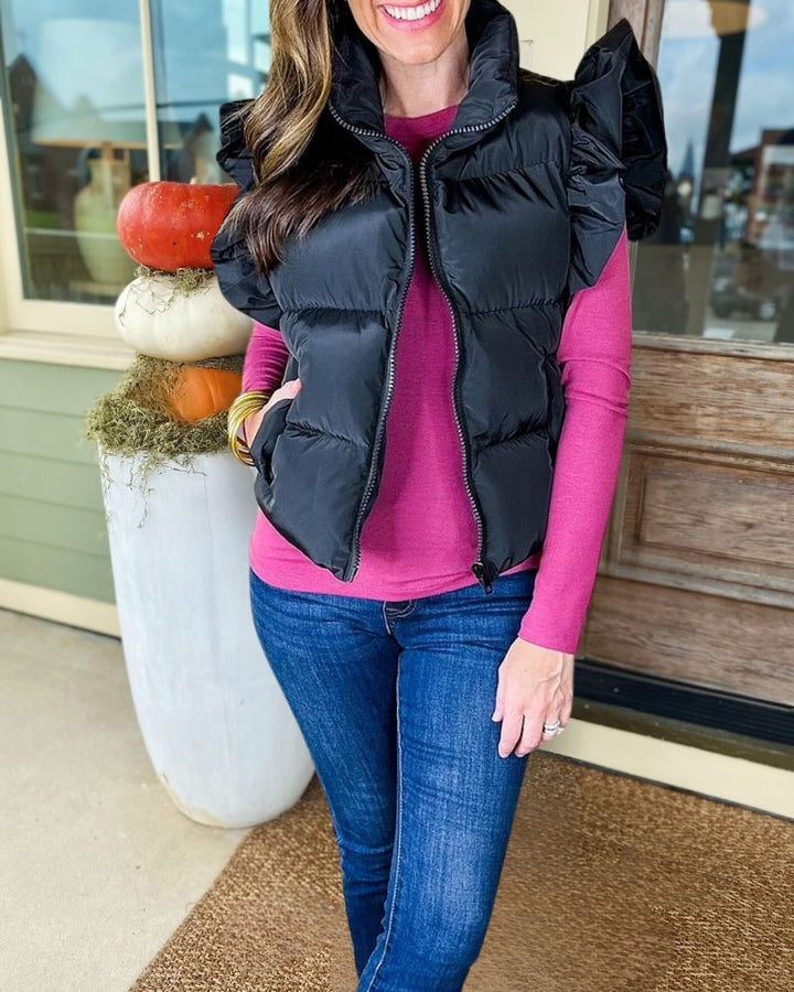 Cropped Pocketed Ruffle Sleeve Zip Up Puffer Vest