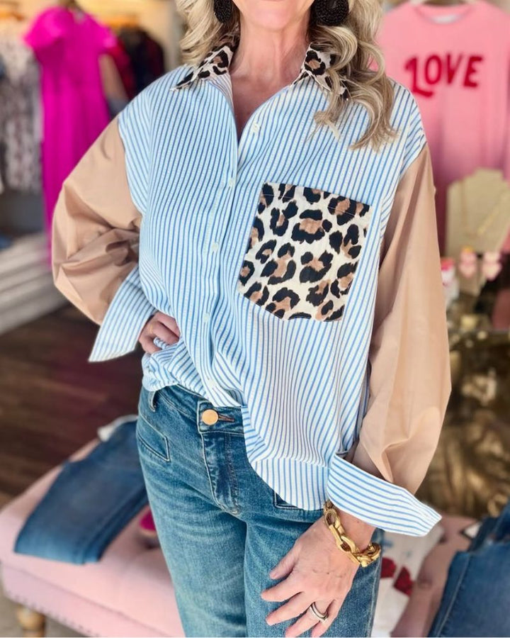 Casual Leopard Print Striped Shirt