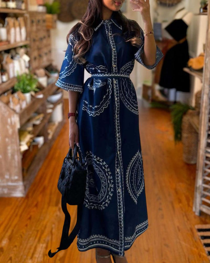 Elegant Waist-Tie Printed Linen Dress
