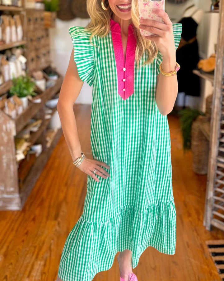 Chic Green Gingham Ruffle Hem Maxi Dress