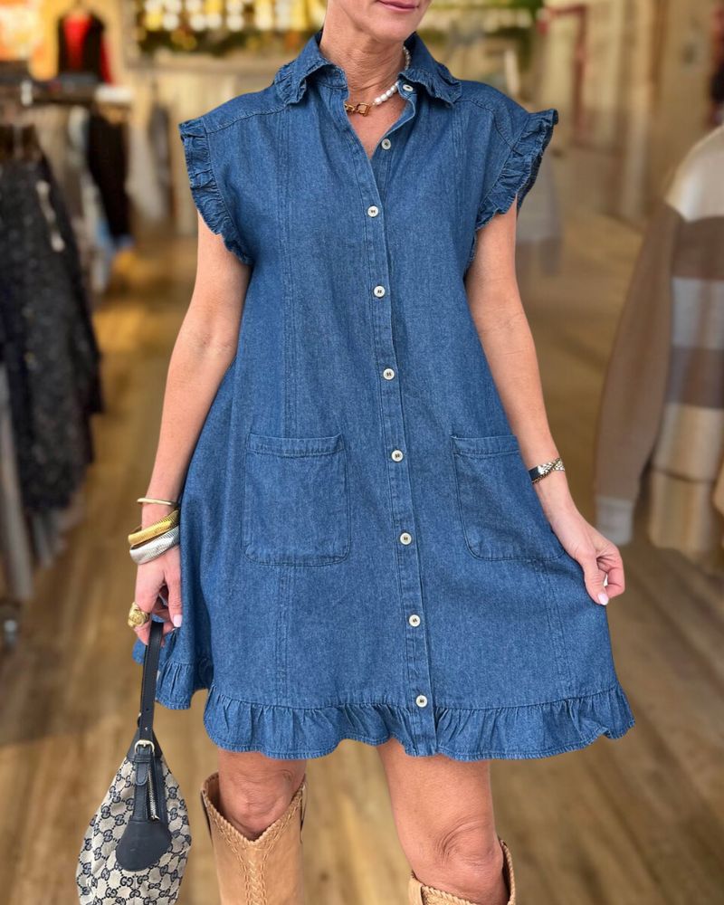 Classic Denim Ruffle Buttoned Short Dress