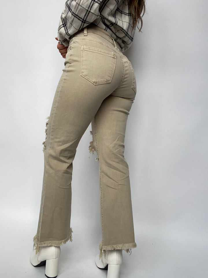 High Rise Sand Straight Leg Distressed Jeans