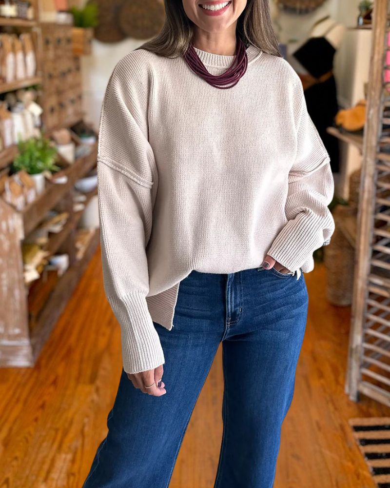 Cozy Batwing Sleeve Side Slit Knit Sweater