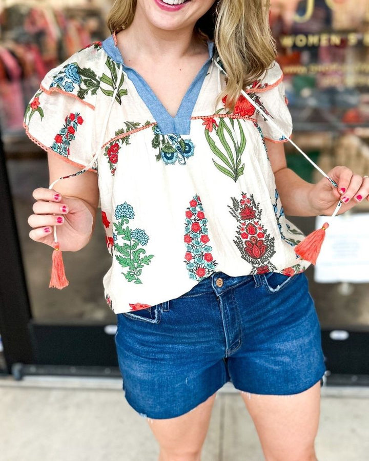 Floral Print Double Sleeve Casual Top