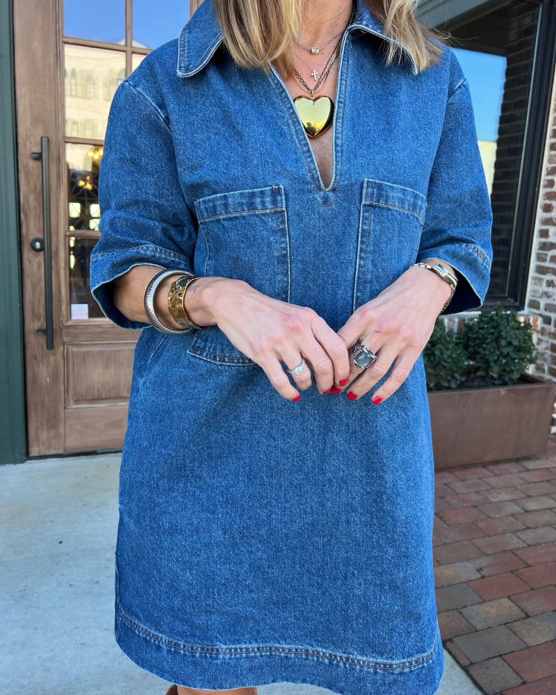 Lapel Short Sleeve Loose Denim Dress