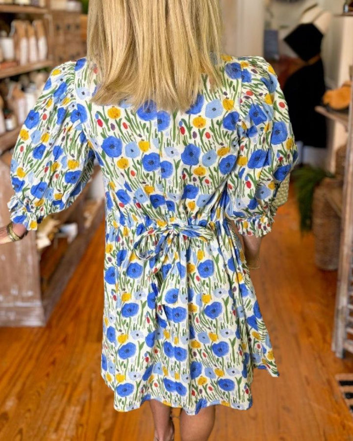 Spring Floral Belted Puff Sleeve Dress