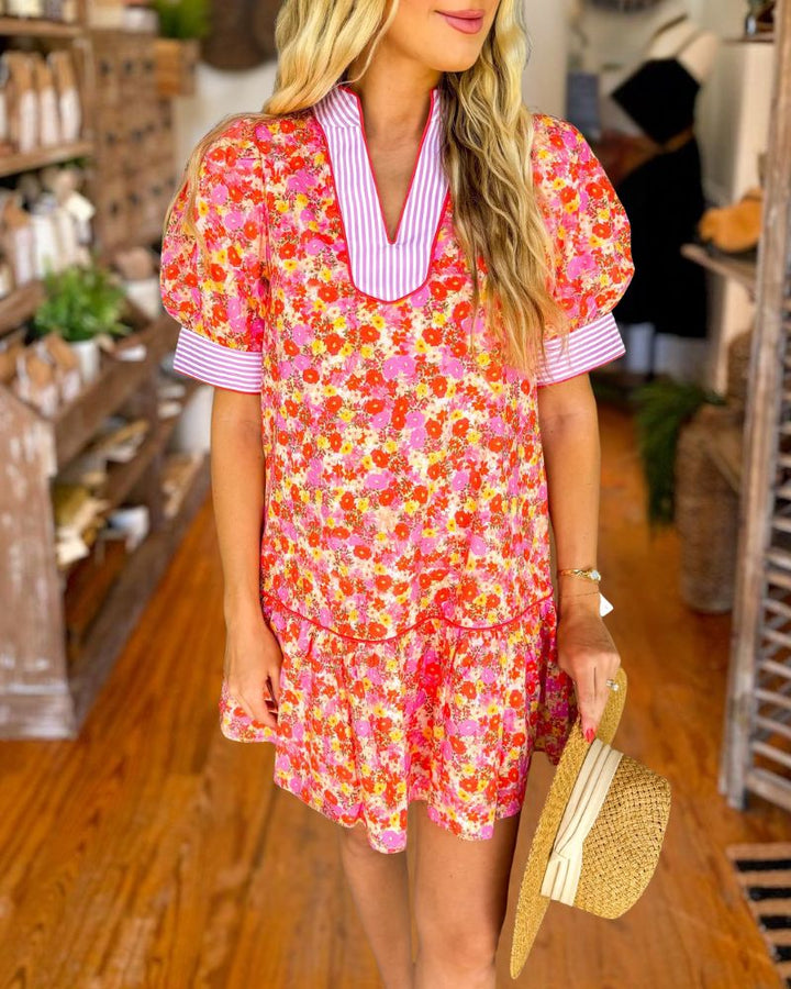 Chic Floral Striped Mixed Print Mini Dress
