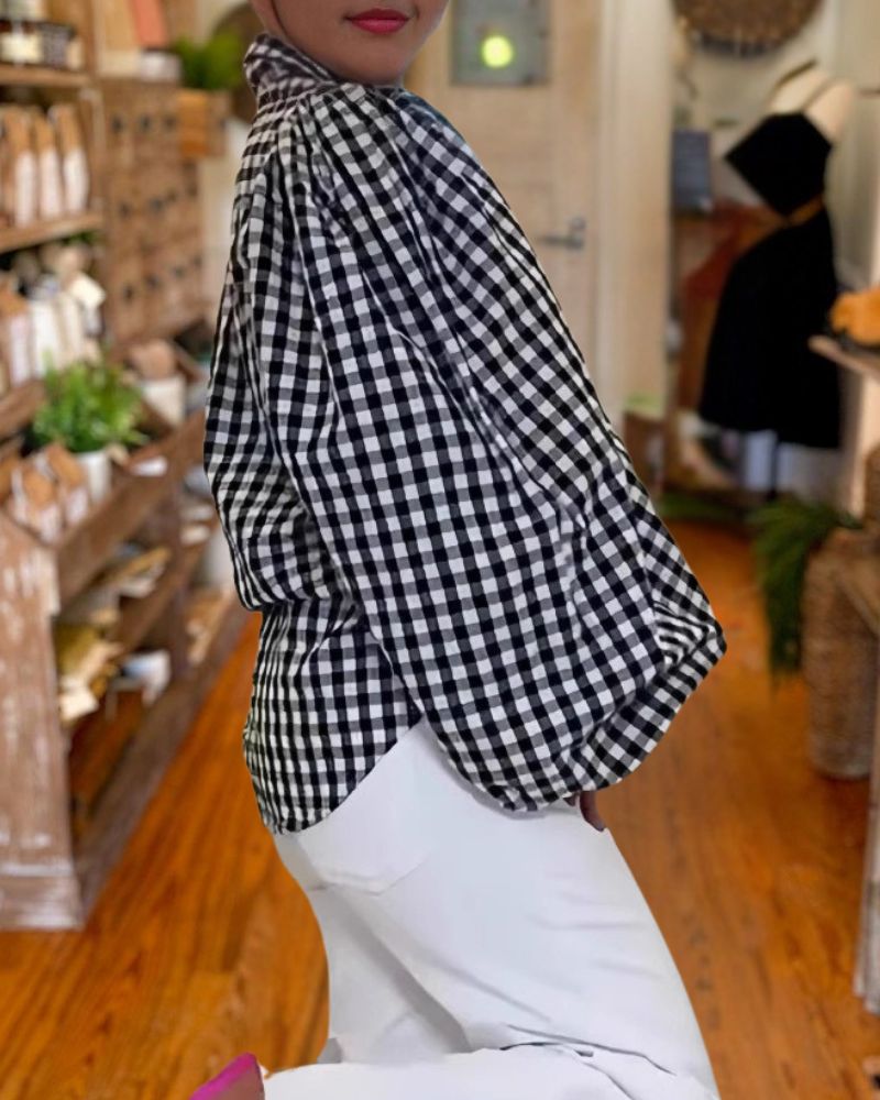 Black and White Plaid Lantern Sleeve Blouse