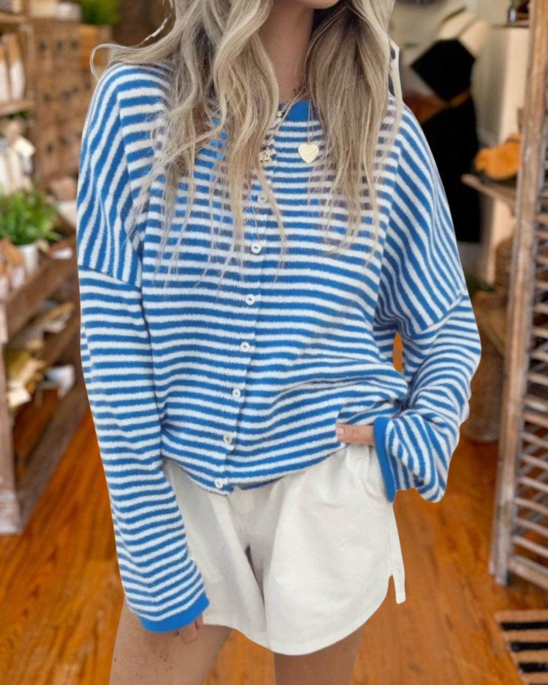 Casual Crew Neck Striped Knit Cardigan