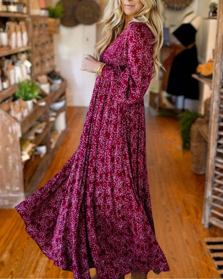 Polka Dot V-Neck Long Sleeve Maxi Dress