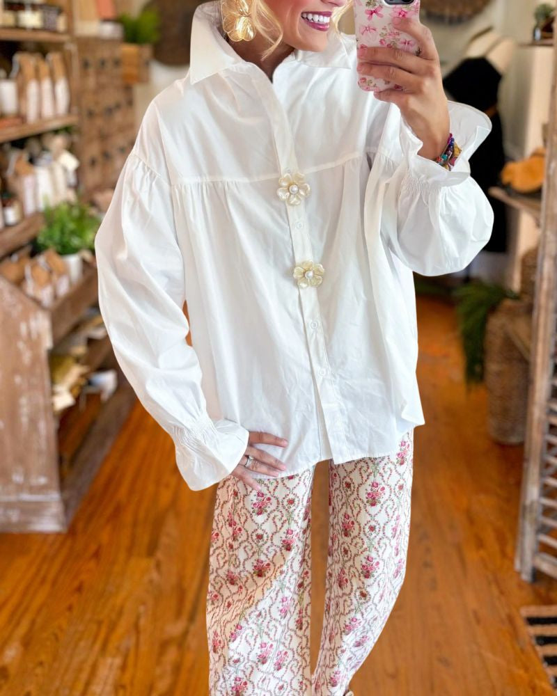 White Shirt with Flower Buttons