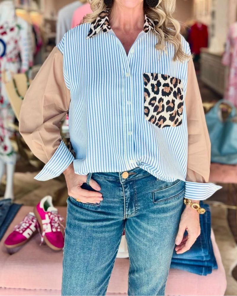 Casual Leopard Print Striped Shirt