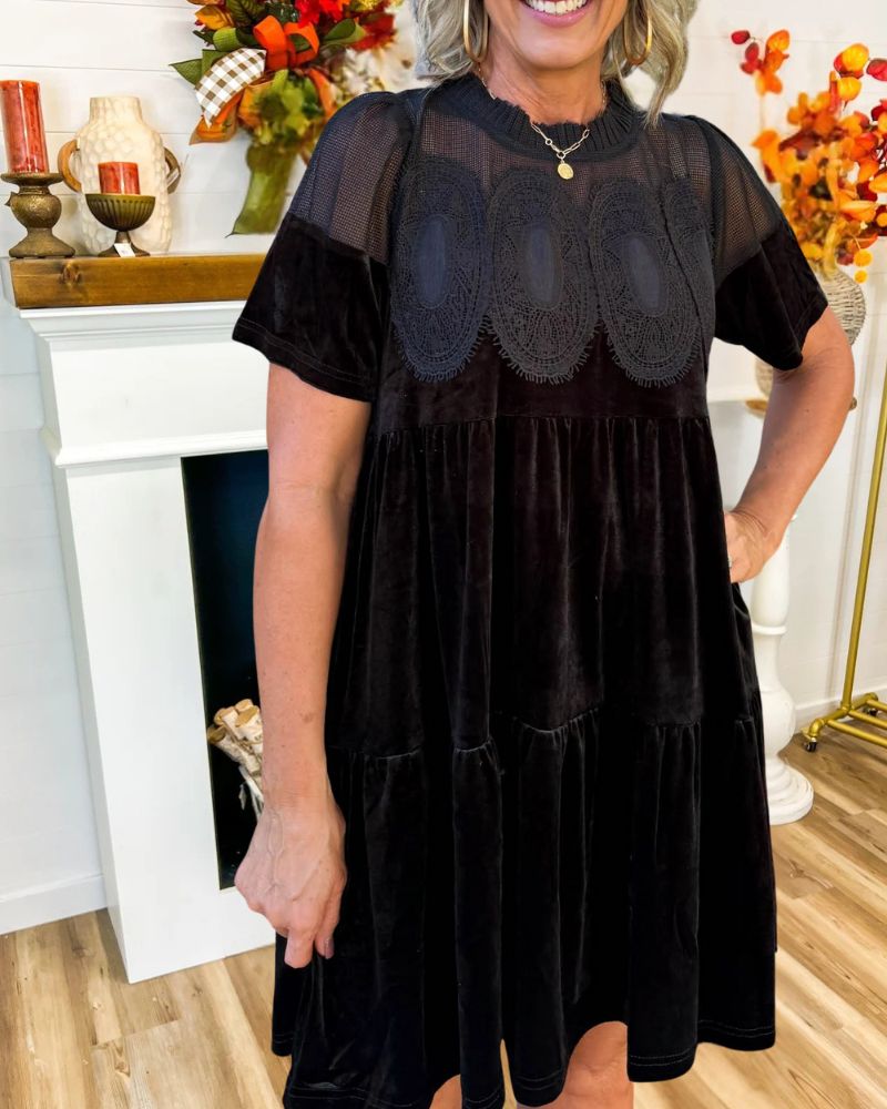 Fashion Mesh & Lace Velvet Mini Dress 
