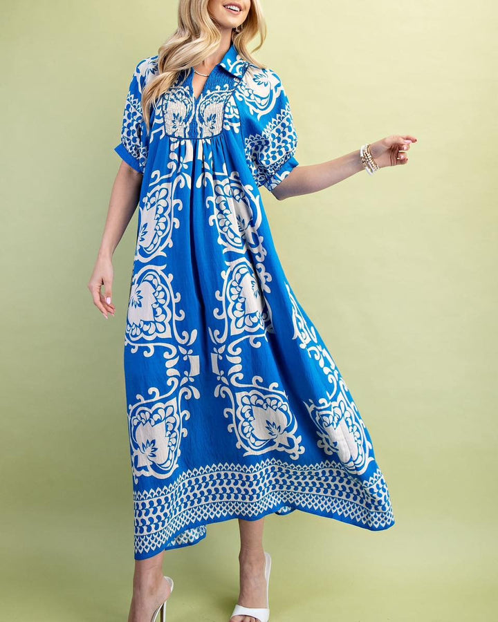 Blue Puff Sleeve Boho Midi Dress