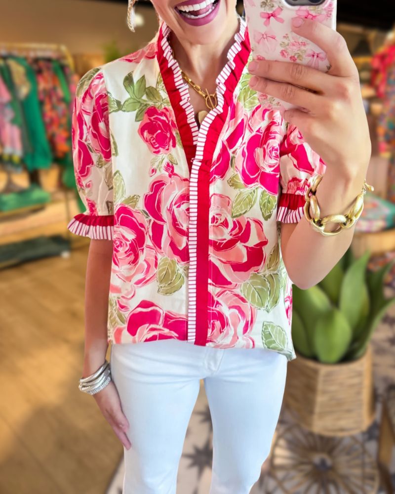 Colorblock Floral Stand Collar Blouse