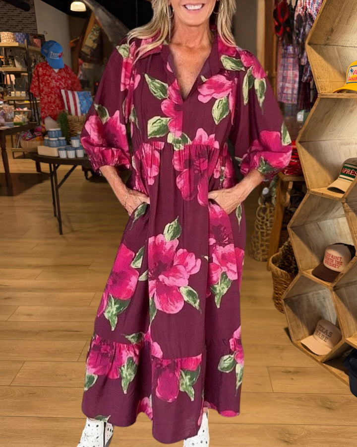 Burgundy Rose Print Tiered Maxi Dress - view 1