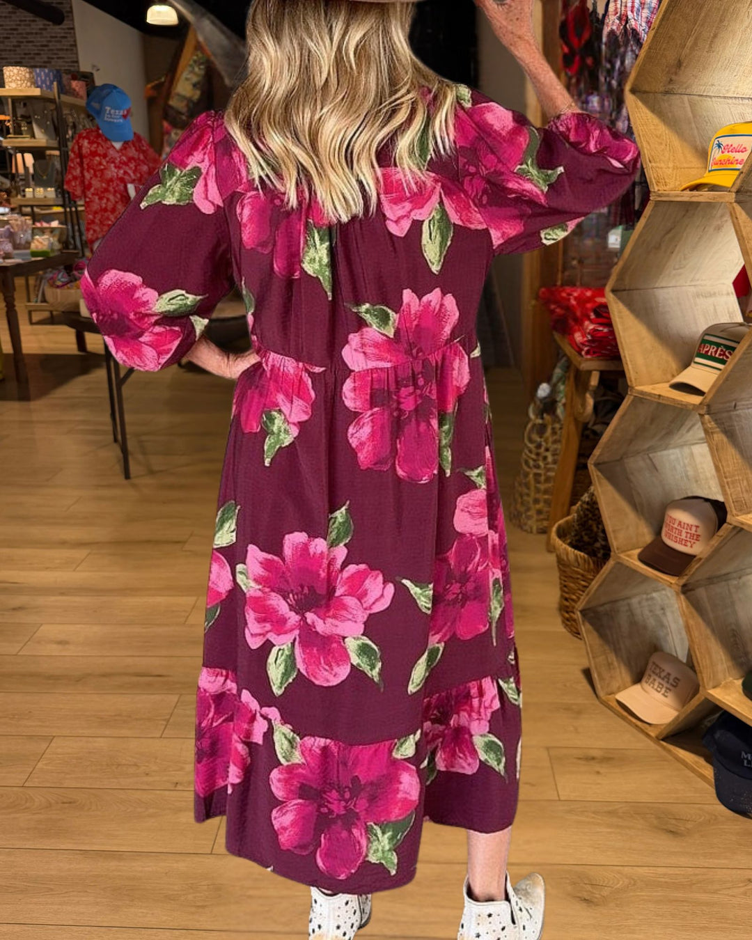 Burgundy Rose Print Tiered Maxi Dress - view 2