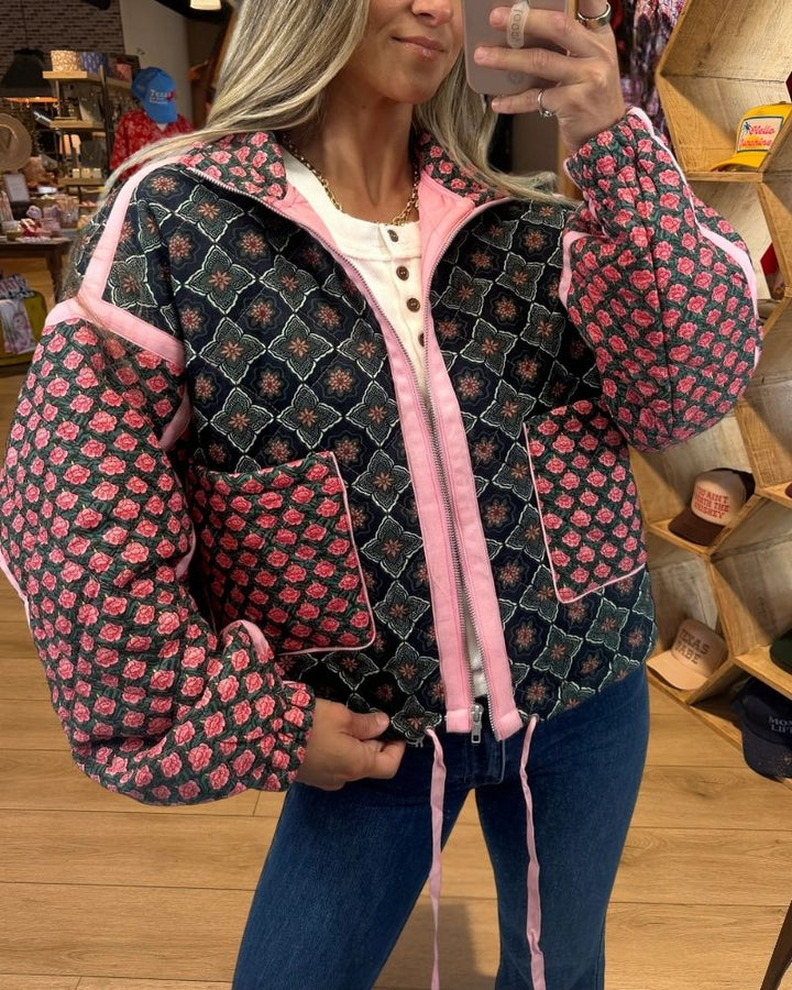 Black pink floral quilted zip jacket view 1