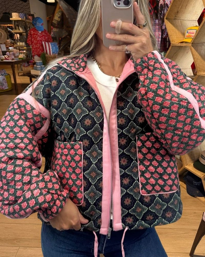 Black pink floral quilted zip jacket view 2