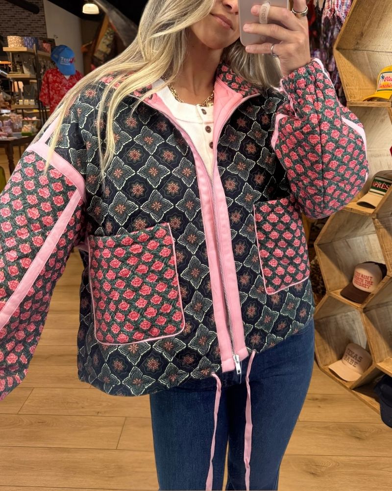 Black pink floral quilted zip jacket view 3